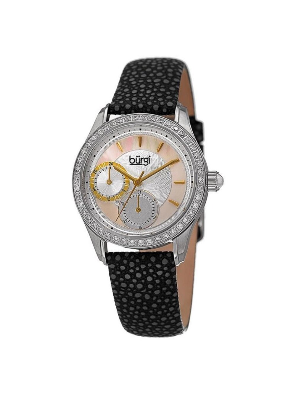 NWT Burgi Mother Of Pearl Dial Ladies Black Polka Dot Leather Watch